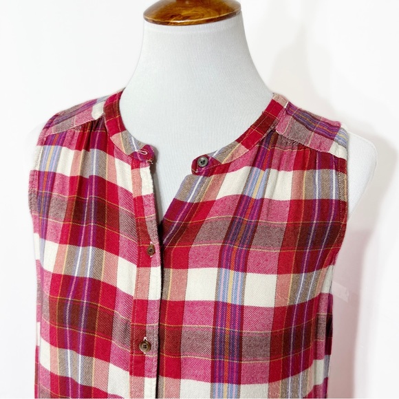 Lucky Brand Colorful Plaid Sleeveless Buttondown Tunic Top, Red Pink White - Picture 2 of 10